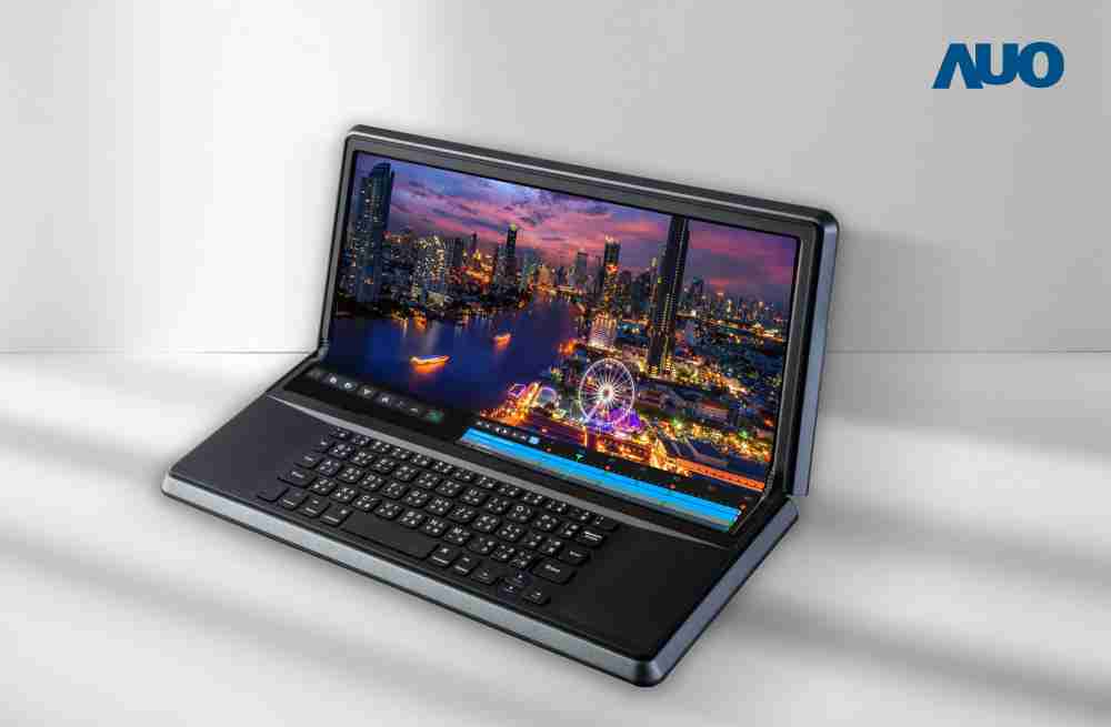 传奇国际14.6吋Micro LED折迭显示屏幕，，搭配半径4mm的弯折绞炼，，以及高画素、、、高亮度、、、、高对比度的显示技术特点，，，即便在大视角下仍保有绝佳色相与亮度